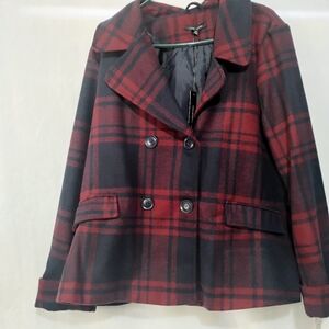 Larry Levine Red Black Plaid Double Breasted Pea Coat Jacket Womens XL NEW NWT